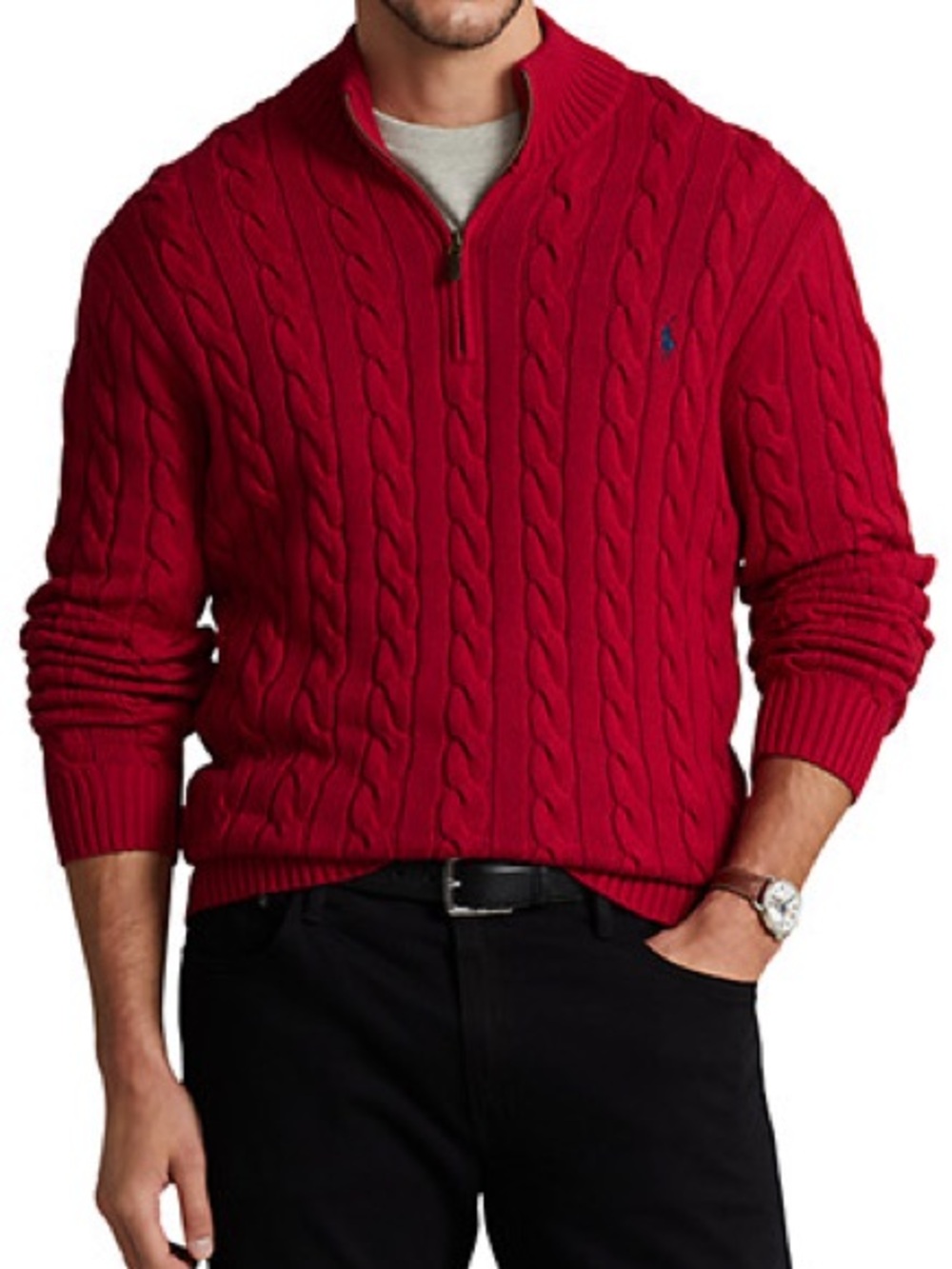 Ralph Lauren Red Cable-Knit Half-Zip Sweater